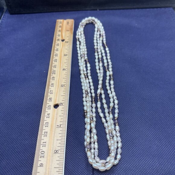 Two Separate Strands Seed Pearl Necklace Amethyst & Gold-Tone Beads 21” Doubled - Picture 6 of 8